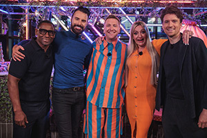 Late Night Lycett. Image shows left to right: David Harewood, Rylan Clark-Neal, Joe Lycett, Daisy May Cooper, Greg James