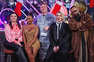 Late Night Lycett. Image shows left to right: Aisling Bea, Melanie Brown, Joe Lycett, Self Esteem, Guz Khan