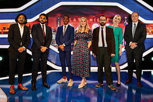 Late Night Mash. Image shows from L to R: Ahir Shah, Nish Kumar, Jason Forbes, Rachel Parris, Greig Johnson, Stevie Martin, Steve N Allen. Copyright: Zeppotron