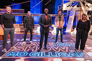 The Lateish Show With Mo Gilligan. Image shows from L to R: Luke Evans, Johnathan Joseph, Mo Gilligan, Kiell Smith-Bynoe, Kerry Godliman