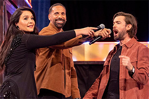 The Lateish Show With Mo Gilligan. Image shows left to right: Jessie Ware, Rio Ferdinand, Jack Whitehall