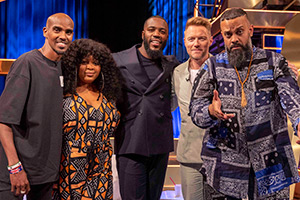 The Lateish Show With Mo Gilligan. Image shows left to right: Mo Farah, Gbemisola Ikumelo, Mo Gilligan, Ronan Keating, Guz Khan