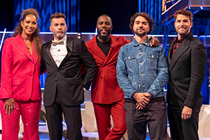 The Lateish Show With Mo Gilligan. Image shows left to right: Leona Lewis, Fred Sirieix, Mo Gilligan, Allan Mustafa, Joel Dommett