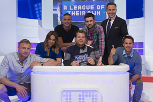 A League Of Their Own. Image shows from L to R: Andrew Flintoff, Melanie Chisholm, Andy Carroll, James Corden, Jack Whitehall, David Walliams, Jamie Redknapp. Copyright: CPL Productions