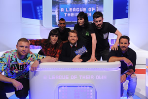 A League Of Their Own. Image shows from L to R: Andrew Flintoff, Aisling Bea, Ashley Cole, James Corden, Noel Fielding, Jack Whitehall, Jamie Redknapp. Copyright: CPL Productions