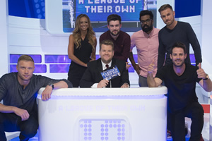 A League Of Their Own. Image shows from L to R: Andrew Flintoff, Kate Abdo, James Corden, Jack Whitehall, Romesh Ranganathan, Aaron Ramsey, Jamie Redknapp. Copyright: CPL Productions