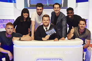 A League Of Their Own. Image shows from L to R: Andrew Flintoff, Claudia Winkleman, Jack Whitehall, James Corden, Jimmy Carr, Micah Richards, Jamie Redknapp. Copyright: CPL Productions