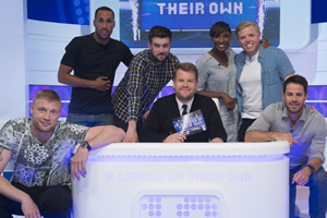 A League Of Their Own. Image shows from L to R: Andrew Flintoff, James DeGale, Jack Whitehall, James Corden, Denise Lewis, Rob Beckett, Jamie Redknapp. Copyright: CPL Productions