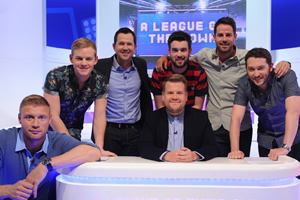 A League Of Their Own. Image shows from L to R: Andrew Flintoff, Joel Creasey, Ricky Ponting, James Corden, Jack Whitehall, Jamie Redknapp, Jon Richardson. Copyright: CPL Productions