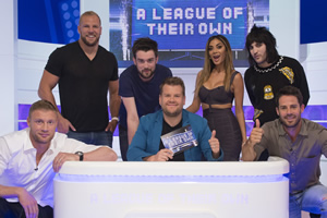 A League Of Their Own. Image shows from L to R: Andrew Flintoff, James Haskell, Jack Whitehall, James Corden, Nicole Scherzinger, Noel Fielding, Jamie Redknapp. Copyright: CPL Productions