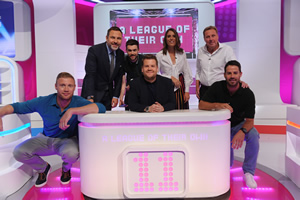 A League Of Their Own. Image shows from L to R: Andrew Flintoff, David Walliams, Jack Whitehall, James Corden, Johanna Konta, Harry Redknapp, Jamie Redknapp. Copyright: CPL Productions