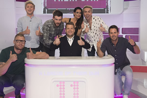 A League Of Their Own. Image shows from L to R: Andrew Flintoff, Niall Horan, Jack Whitehall, James Corden, Kirsty Gallacher, Nick Grimshaw, Jamie Redknapp. Copyright: CPL Productions