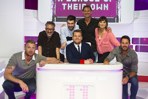 A League Of Their Own. Image shows from L to R: Andrew Flintoff, David Baddiel, Jack Whitehall, James Corden, Tony Adams, Aisling Bea, Jamie Redknapp. Copyright: CPL Productions