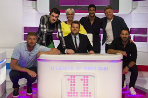 A League Of Their Own. Image shows from L to R: Andrew Flintoff, Jack Whitehall, Judy Murray, James Corden, Daniel Ricciardo, Rob Beckett, Jamie Redknapp. Copyright: CPL Productions