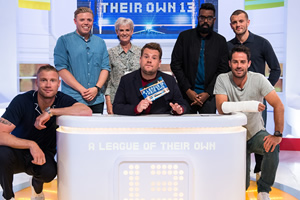 A League Of Their Own. Image shows from L to R: Andrew Flintoff, Rob Beckett, Judy Murray, James Corden, Romesh Ranganathan, Jamie Redknapp, Jack Wilshere. Copyright: CPL Productions