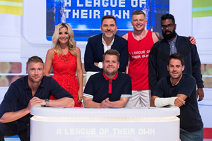 A League Of Their Own. Image shows from L to R: Andrew Flintoff, Helen Skelton, David Walliams, James Corden, Adam Peaty, Romesh Ranganathan, Jamie Redknapp. Copyright: CPL Productions