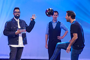 A League Of Their Own. Image shows from L to R: Romesh Ranganathan, Jimmy Carr, Jamie Redknapp. Copyright: CPL Productions