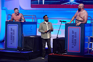 A League Of Their Own. Image shows from L to R: Adam Peaty, Romesh Ranganathan, Tom Davis. Copyright: CPL Productions