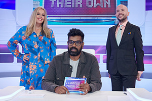 A League Of Their Own. Image shows from L to R: Roisin Conaty, Romesh Ranganathan, Tom Allen. Copyright: CPL Productions