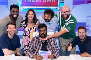 A League Of Their Own. Image shows left to right: Joel Dommett, Micah Richards, Eve Muirhead, Romesh Ranganathan, Nish Kumar, Tom Davis, Jamie Redknapp