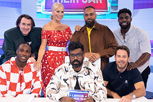 A League Of Their Own. Image shows left to right: Michail Antonio, Jonathan Ross, Hannah Waddingham, Romesh Ranganathan, Guz Khan, Jamie Redknapp, Micah Richards