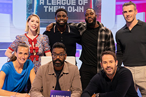 A League Of Their Own. Image shows left to right: Jill Scott, Katherine Ryan, Romesh Ranganathan, Micah Richards, Mo Gilligan, Jamie Redknapp, Gareth Bale