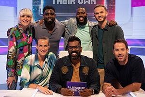 A League Of Their Own. Image shows left to right: Maisie Adam, Jill Scott, Micah Richards, Romesh Ranganathan, Mo Gilligan, James Maddison, Jamie Redknapp