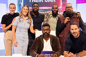 A League Of Their Own. Image shows left to right: Jill Scott, Mary Earps, Micah Richards, Romesh Ranganathan, Mo Gilligan, Guz Khan, Jamie Redknapp