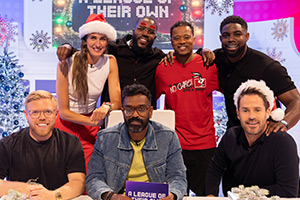 A League Of Their Own. Image shows left to right: Rob Beckett, Jill Scott, Mo Gilligan, Romesh Ranganathan, Patrice Evra, Micah Richards, Jamie Redknapp