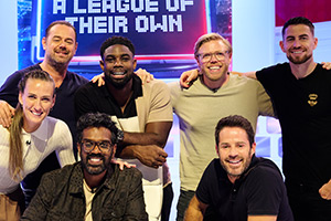 A League Of Their Own. Image shows left to right: Jill Scott, Danny Dyer, Romesh Ranganathan, Micah Richards, Rob Beckett, Jamie Redknapp, Jorge Filho