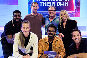 A League Of Their Own. Image shows left to right: Micah Richards, Jill Scott, Andy Murray, Alan Carr, Romesh Ranganathan, Keely Hodgkinson, Jamie Redknapp