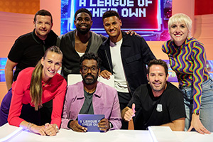 A League Of Their Own. Image shows left to right: Kevin Bridges, Jill Scott, Micah Richards, Romesh Ranganathan, Ollie Watkins, Jamie Redknapp, Maisie Adam