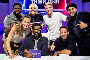 A League Of Their Own. Image shows left to right: Micah Richards, Jill Scott, Maisie Adam, Romesh Ranganathan, Anthony Gordon, Jamie Redknapp, Big Zuu