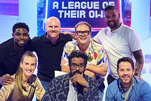 A League Of Their Own. Image shows left to right: Micah Richards, Jill Scott, Sean Dyche, Romesh Ranganathan, Alan Carr, Tony Bellew, Jamie Redknapp