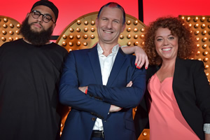 Live At The Apollo. Image shows from L to R: Jamali Maddix, Adam Hills, Michelle Wolf. Copyright: Open Mike Productions