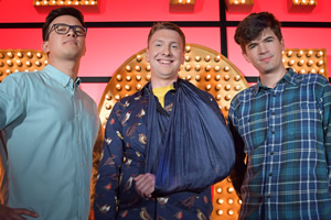 Live At The Apollo. Image shows from L to R: Phil Wang, Joe Lycett, Ivo Graham. Copyright: Open Mike Productions