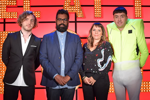 Live At The Apollo. Image shows from L to R: Seann Walsh, Romesh Ranganathan, Kerry Godliman, Spencer Jones. Copyright: Open Mike Productions