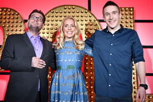 Live At The Apollo. Image shows from L to R: Gary Delaney, Sara Pascoe, Larry Dean. Copyright: Open Mike Productions