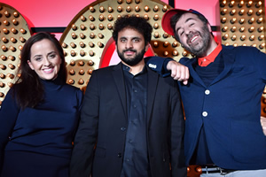 Live At The Apollo. Image shows from L to R: Luisa Omielan, Nish Kumar, David O'Doherty. Copyright: Open Mike Productions