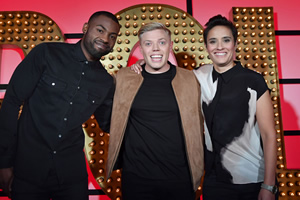 Live At The Apollo. Image shows from L to R: Darren Harriott, Rob Beckett, Jen Brister. Copyright: Open Mike Productions