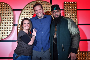 Live At The Apollo. Image shows from L to R: Lucy Porter, Henning Wehn, Guz Khan. Copyright: Open Mike Productions