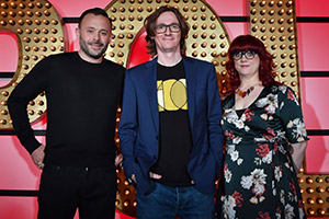 Live At The Apollo. Image shows from L to R: Geoff Norcott, Ed Byrne, Angela Barnes. Copyright: Open Mike Productions