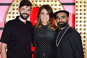 Live At The Apollo. Image shows from L to R: Fin Taylor, Ellie Taylor, Tez Ilyas. Copyright: Open Mike Productions