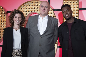 Live At The Apollo. Image shows from L to R: Felicity Ward, Dara O Briain, Mo Gilligan. Copyright: Open Mike Productions