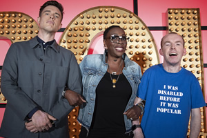 Live At The Apollo. Image shows from L to R: Ed Gamble, Gina Yashere, Lee Ridley. Copyright: Open Mike Productions