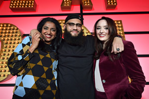 Live At The Apollo. Image shows from L to R: Sindhu Vee, Jamali Maddix, Fern Brady. Copyright: Open Mike Productions