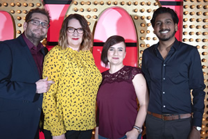 Live At The Apollo. Image shows from L to R: Gary Delaney, Sarah Millican, Laura Lexx, Ahir Shah. Copyright: Open Mike Productions