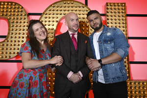 Live At The Apollo. Image shows from L to R: Rosie Jones, Tom Allen, Kae Kurd. Copyright: Open Mike Productions