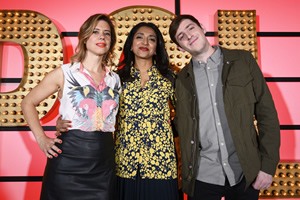 Live At The Apollo. Image shows from L to R: Lou Sanders, Sindhu Vee, Alex Edelman. Copyright: Open Mike Productions
