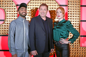 Live At The Apollo. Image shows from L to R: Mawaan Rizwan, Ardal O'Hanlon, Sara Barron. Copyright: Open Mike Productions